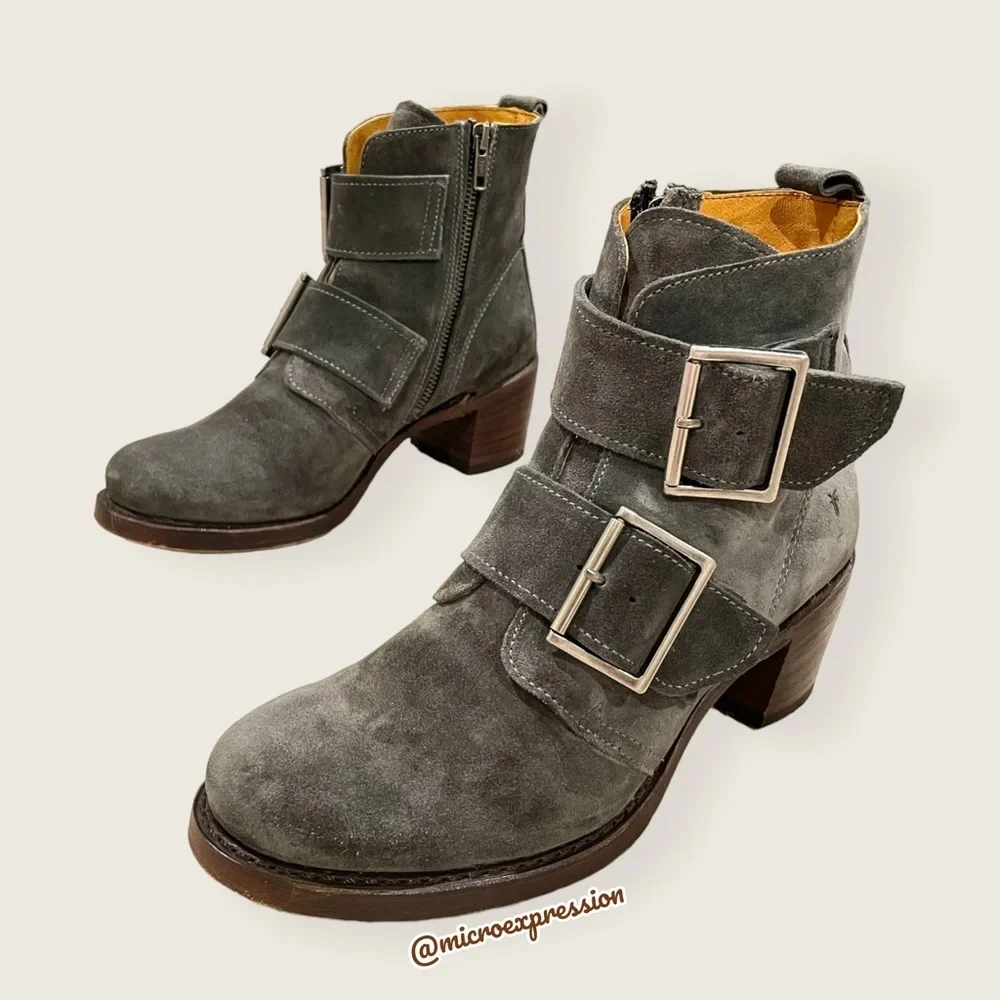 $399 Frye Sabrina Double Buckle Academia Grey Suede Leather Block Heel AnkleBoot - Picture 10 of 16